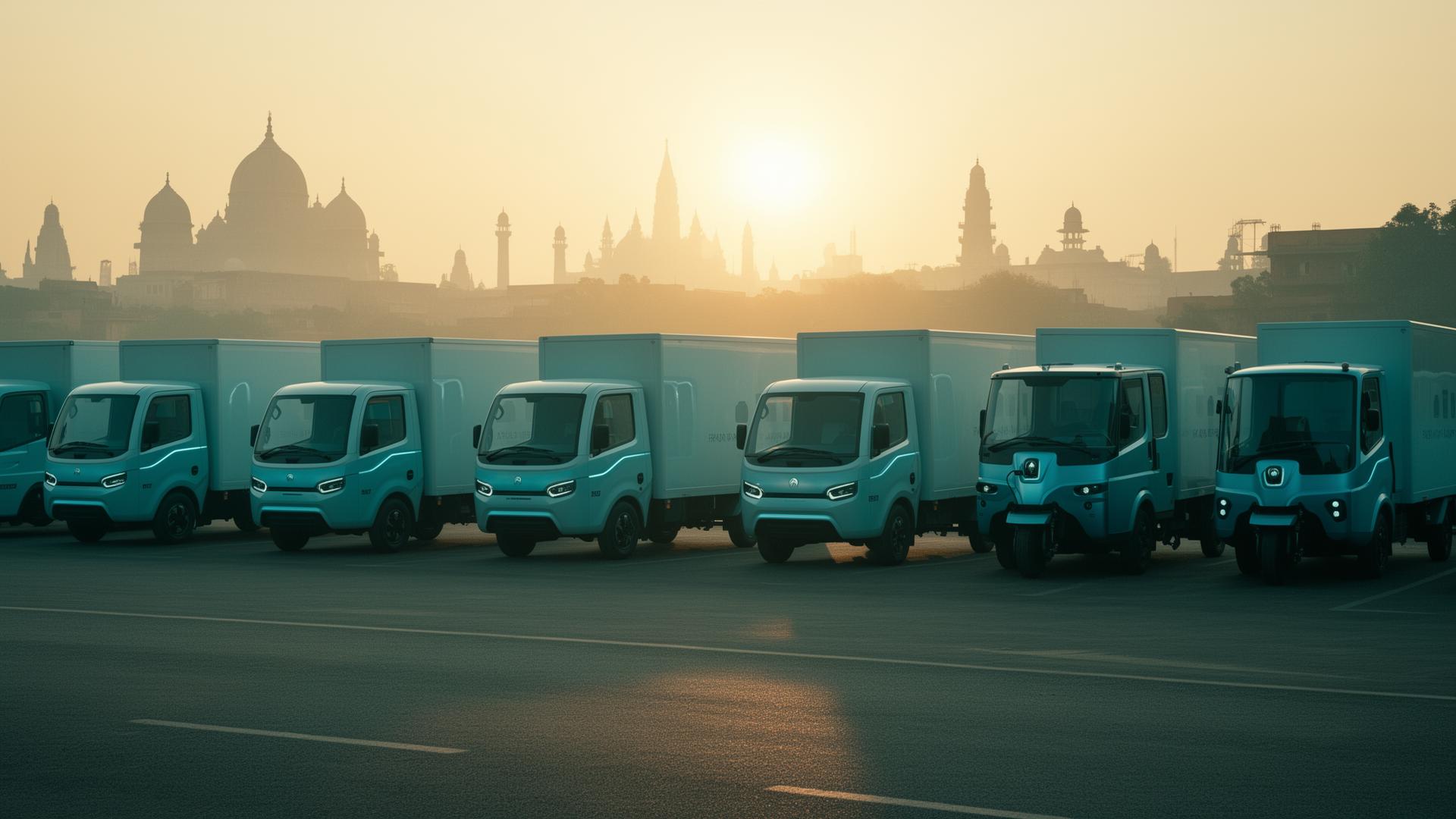Electric three-wheeler and four-wheeler logistics fleet at sunrise in a clean Indian urban setting