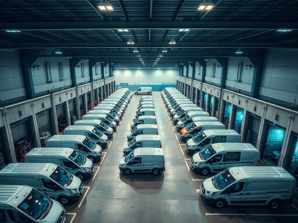 Fleet of EV delivery vans parked inside a NEVO logistics warehouse